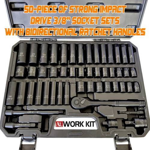 50 15pcs impact sleeve set 1 4 or 3 8 drive impact socket set 6 point standard metric 8 22mm sae 5 16 3 4 inch high quality sockets contain adapters ratchet handle with portable toolbox nice gifts
