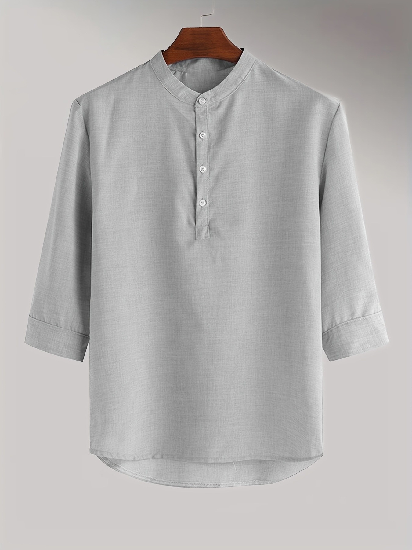 mens lightweight breathable summer shirt 3 4 sleeve solid color versatile casual business casual top regular fit with stand collar   casual attire versatile menswear classic collar design comfortable fabric