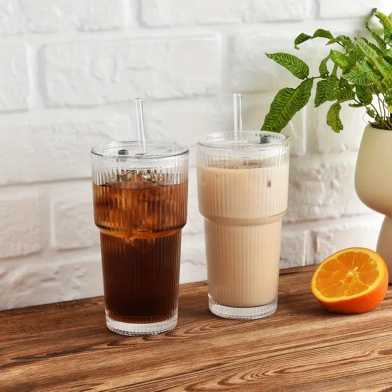 2pcs 600ml 20oz glass cups with lids and 2 straws thick glass portable drinking cups coffee cups beverage cups smoothie cups coffee cups party cups exquisite gifts mothers day gifts birthday gifts Product details 0