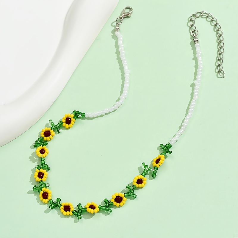 Bohemian Woven Rice Bead Sunflower Flower Necklace Women