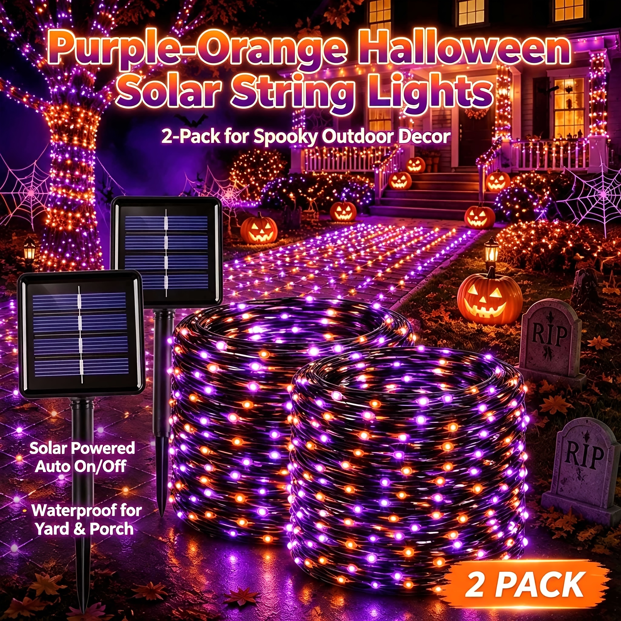 TEMU 2pcs Halloween Decorative Solar Wire Lights, 450 Led High-brightness Beads, Solar Powered, Ip44, 8 , Festive Lighting Fairy Lights, Suitable For