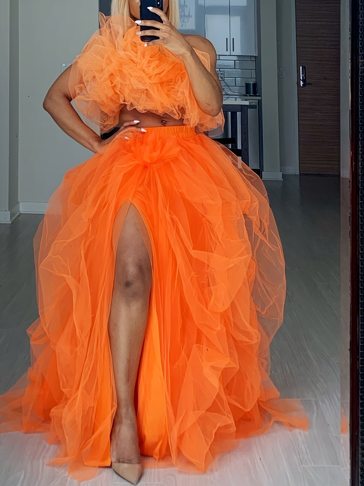 Women Long Tulle Tutu Skirt Layered A-Line Puff Mesh Skirt Floor Length  Split Half-Dress Ruffle Princess Skirt