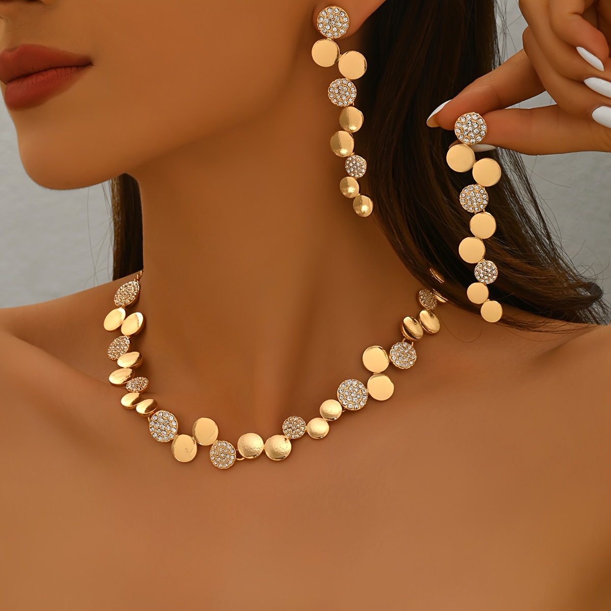 TEMU A Stylish Two-piece Set Featuring Metallic Rhinestones In Geometric Circular Designs, Including A Necklace And Earrings. This Jewelry Set Is