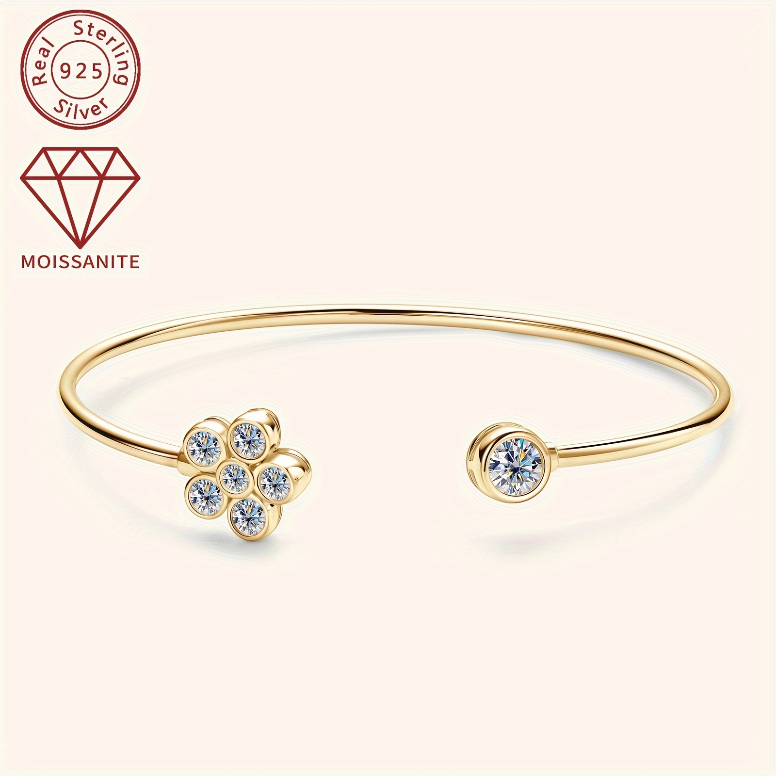 elegant floral cuff with synthetic moissanite stones 925 silver with 14k golden plating april birthstone adjustable open cuff for women 1 06ct total weight christmas and wedding jewelry accessory details 7