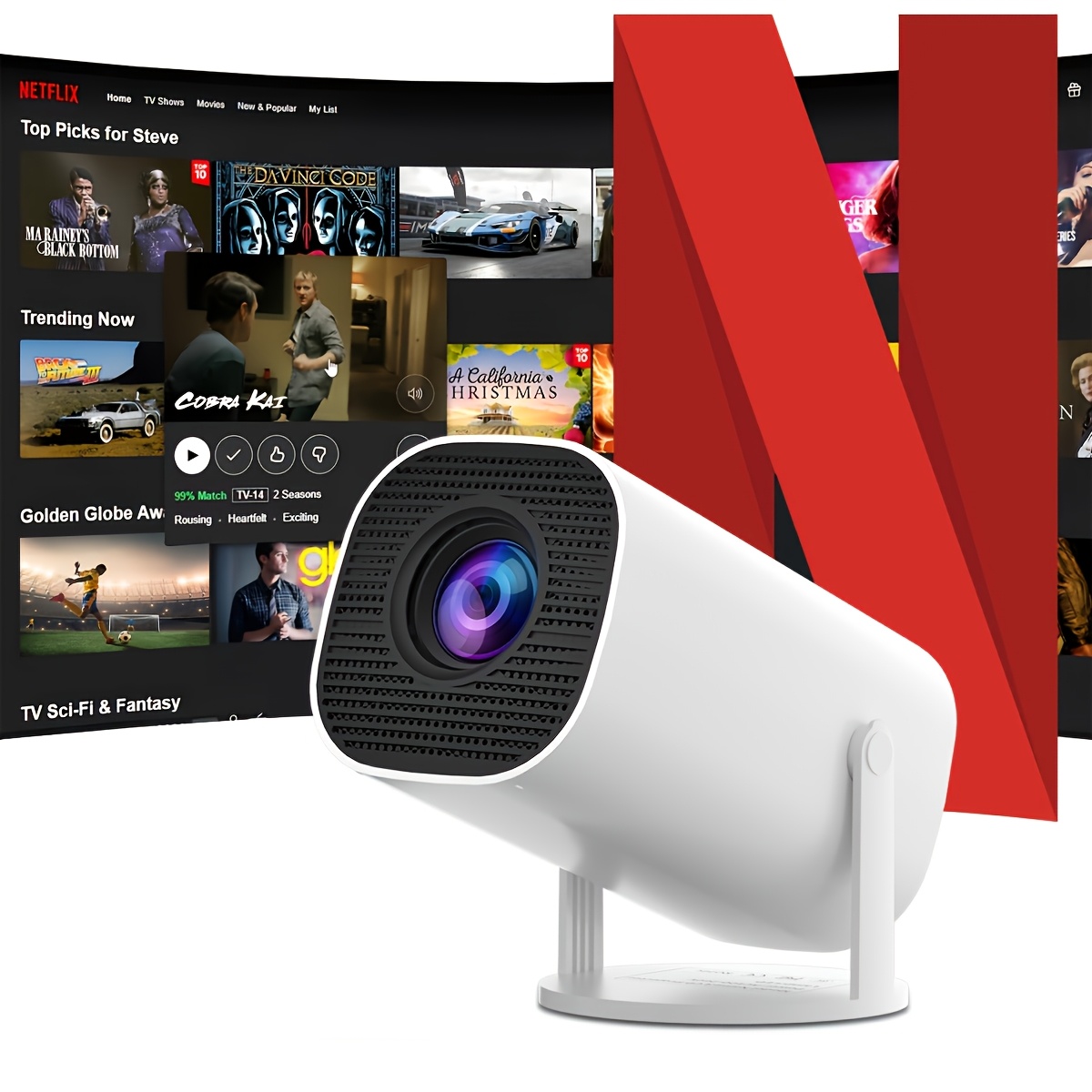 TEMU Mini projecteur intelligent avec prise en charge WiFi 6, résolution native 720P, portable, adapté cinémas, compatible avec YouTube et Netflix