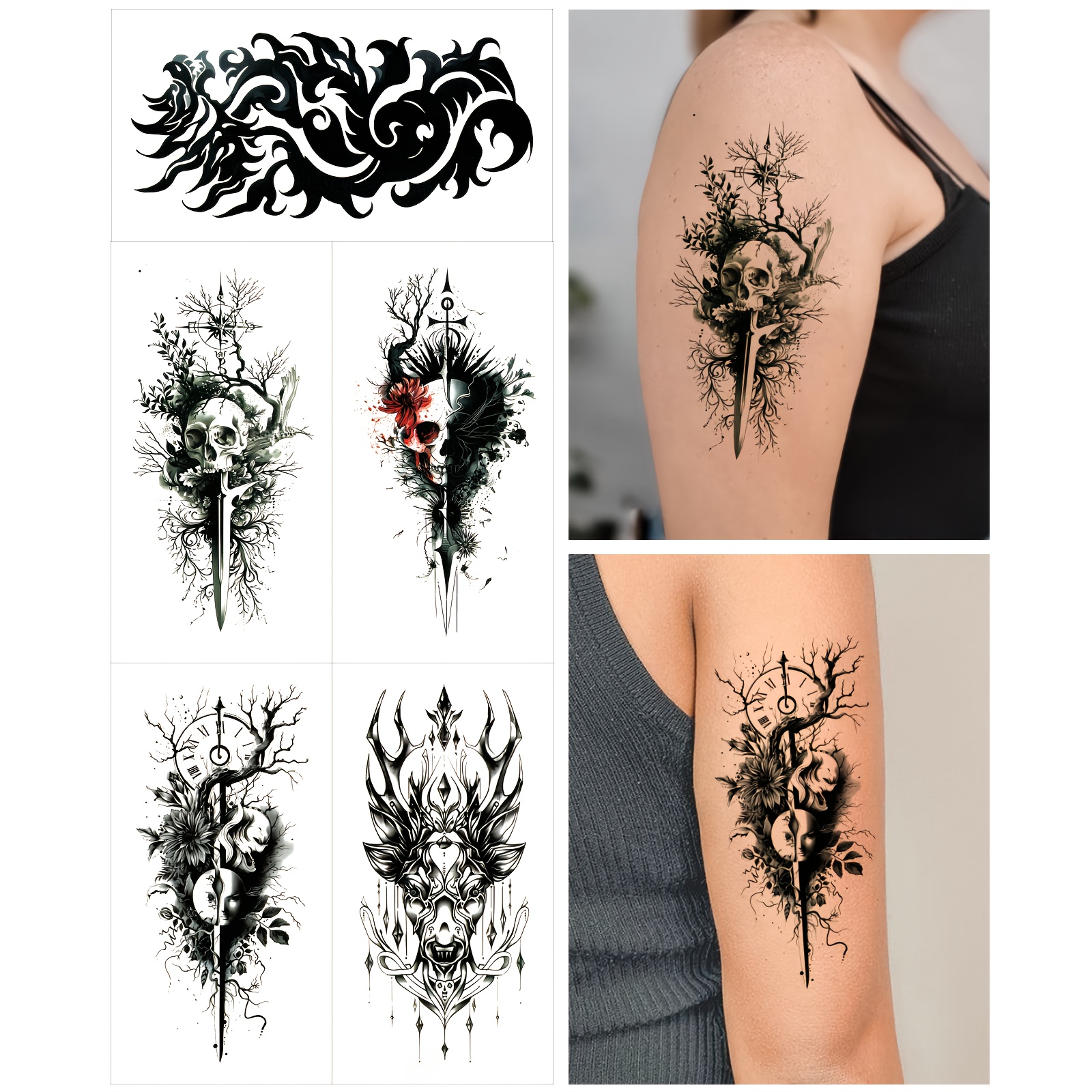5-Pack Adult Temporary Disposable Sword & Skull Dark     Body Art Stickers, Realistic Arm/Leg Waist Back Decals, Festival Accessories, Costume Decoration, Gothic Tattoo Stickers, Edgy Body Stickers, High Quality Decals, Easy Application, Leg Tattoo Stickers, Waist Decal Set, Alternative Fashion, Cosplay Enthusiasts