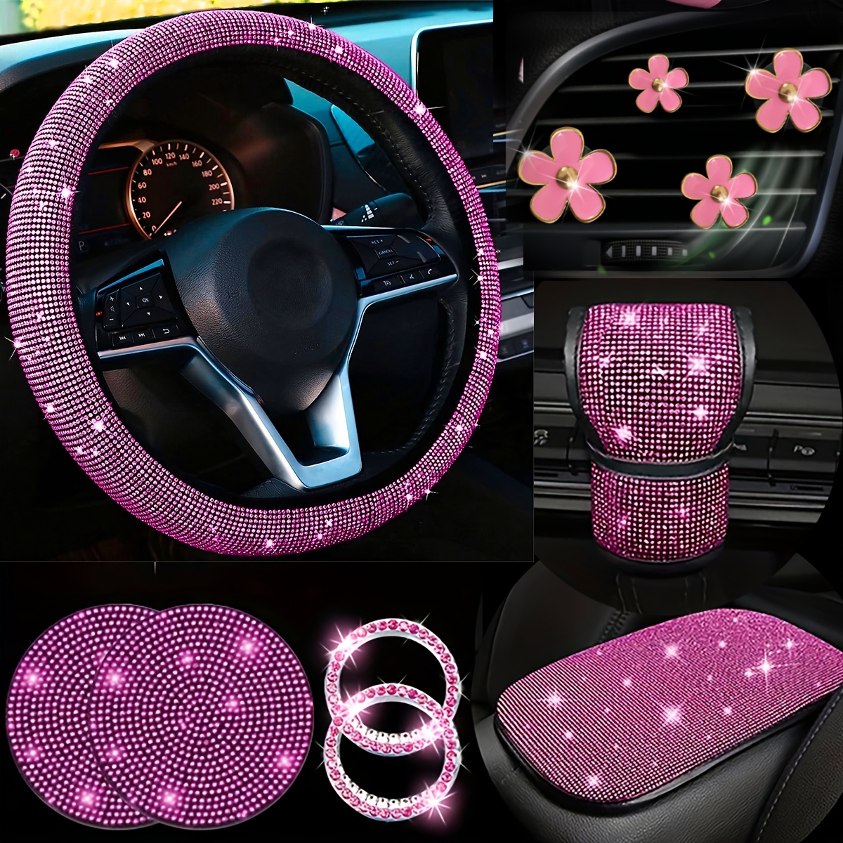 TEMU A Set Of 11 Car Interior Additions From The Diamond Series, Including A 38cm Steering Wheel Cover, Coasters, Armrest Pads, And Other Interior