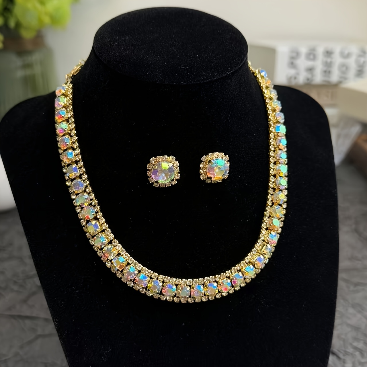 TEMU 2pcs Set, Colorful Inlaid Rhinestones Necklace Women, Earrings And Necklace Set Light Luxury Temperament Collarbone Chain Fashion High-end Sense