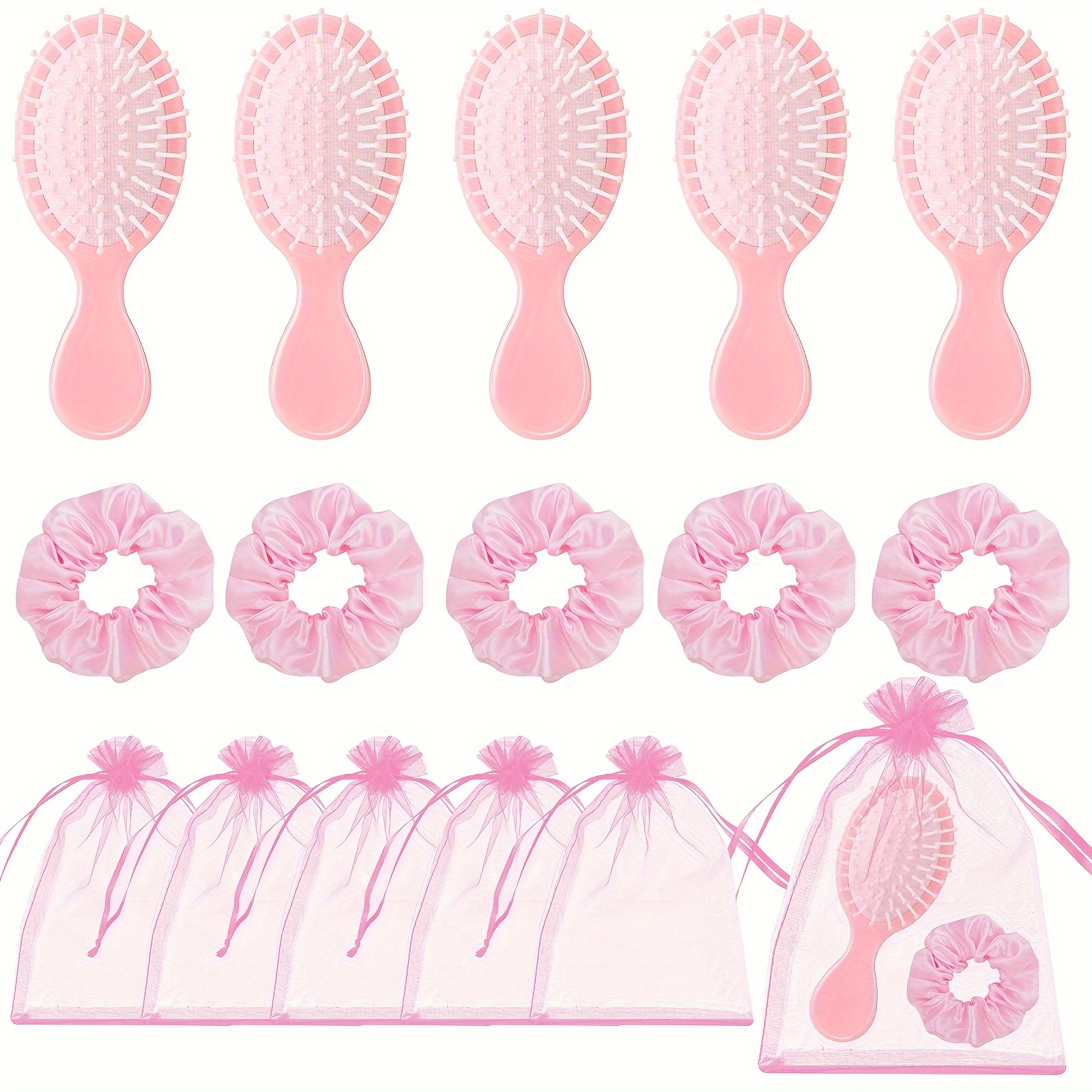 

15 Pcs Hair Care Party Favors Set - Non-electric Plastic Hair Brushes, Scrunchies, And Organza Bags - Ideal For Spa, Sleepover Parties, Makeup Themed Events