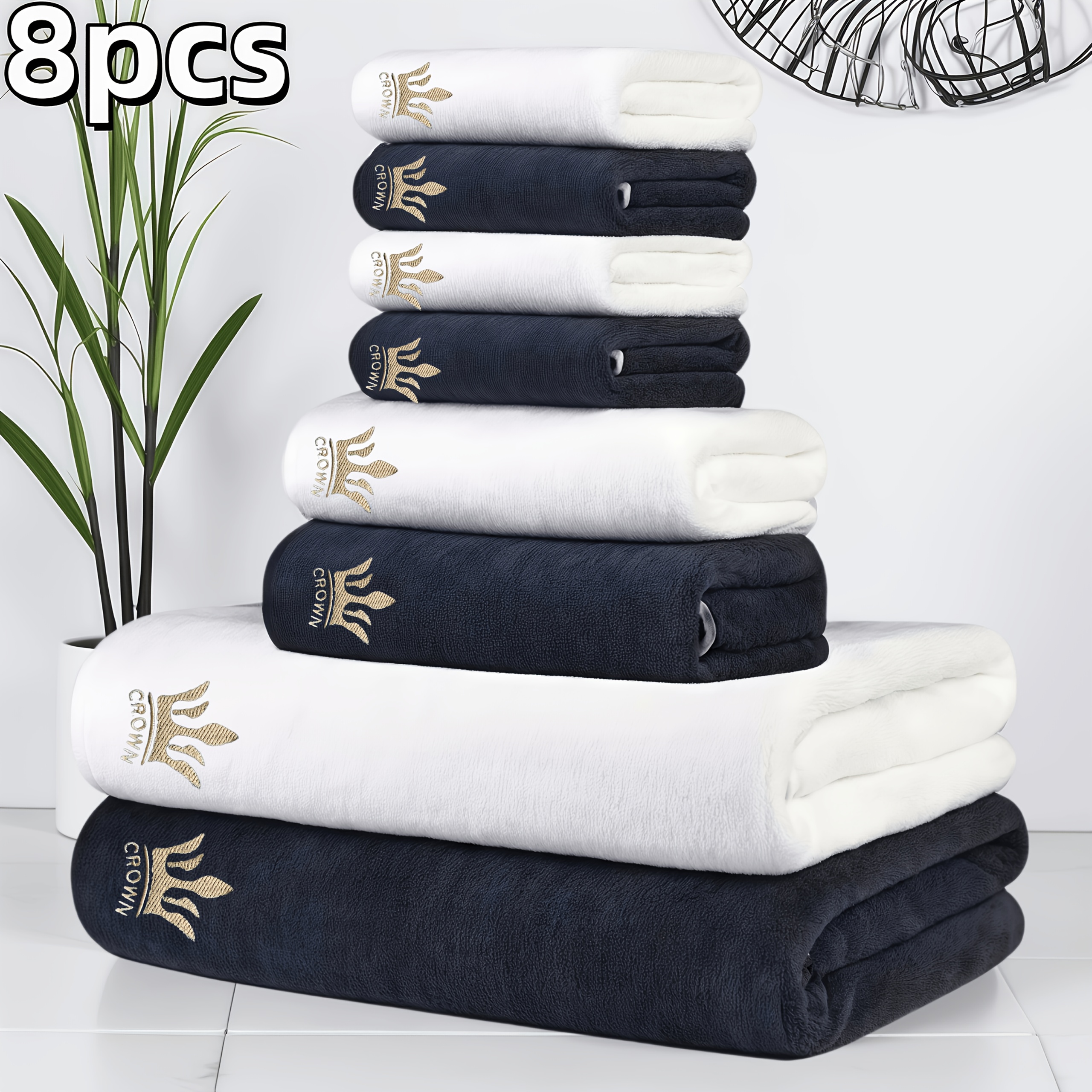 TEMU 8pcs Microfiber Towel And Bath Towel Set With Crown Embroidery Set Composition: 2 Bath Towels: 70 X 140 Cm, 2 Hand Towels: 42 X 70 Cm, 4