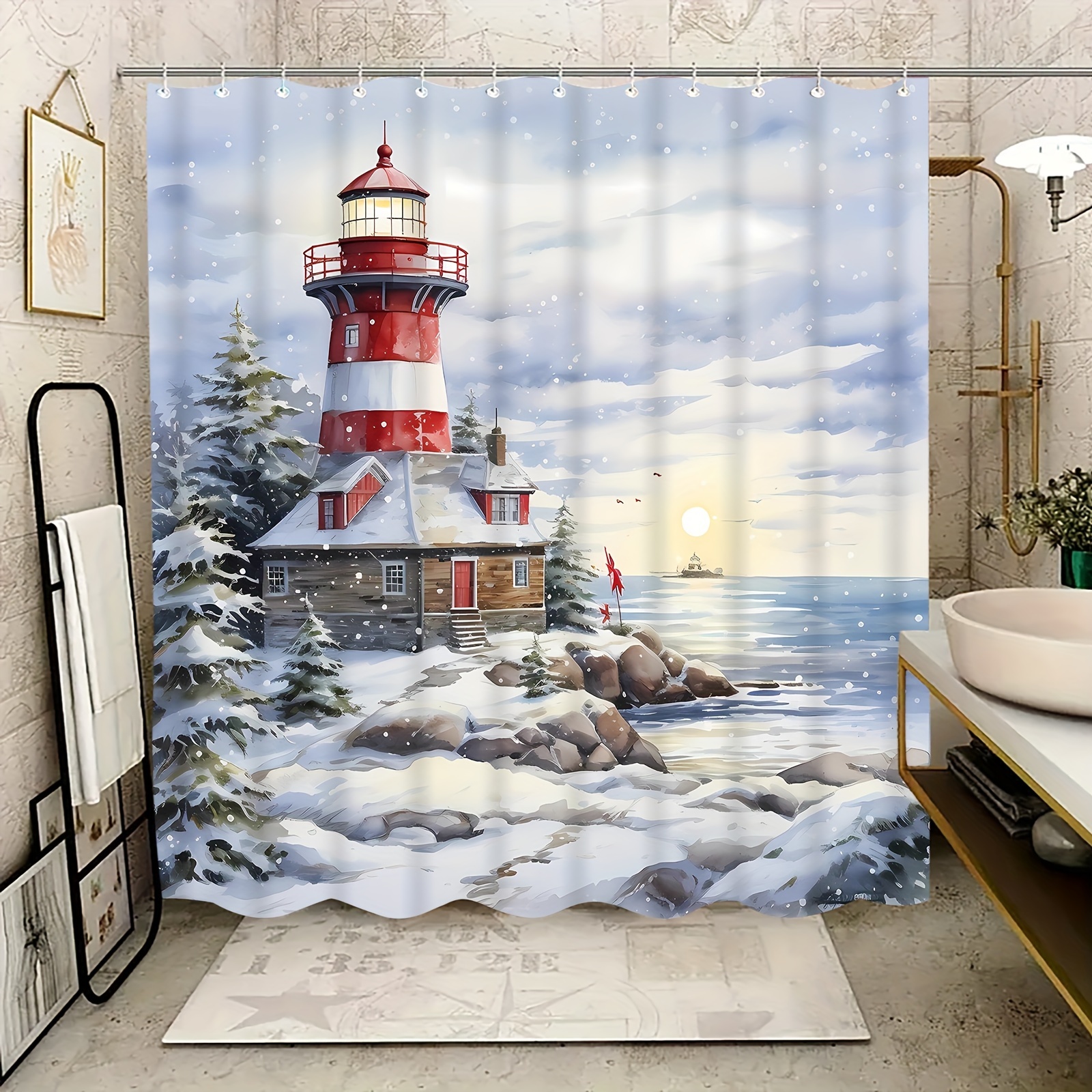 

Christmas Lighthouse Shower Curtain - Waterproof & Mold-resistant, Includes Hooks, Cartoon Bathroom Decor