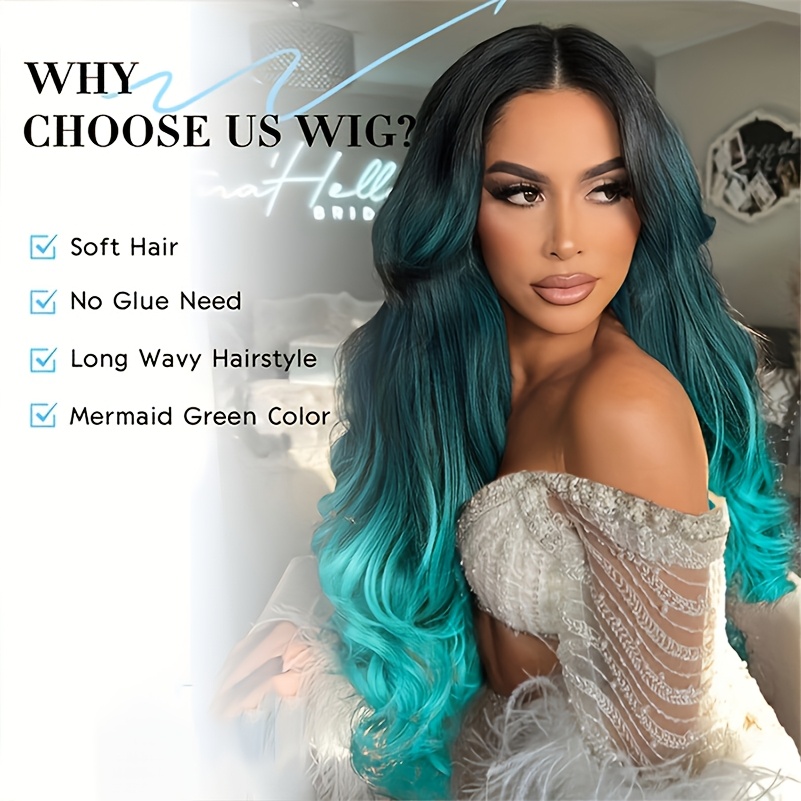 long wavy ombre wig in green featuring long curly - Temu display picture 2