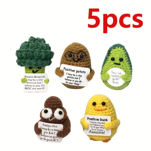 a set of 5pcs handmade crochet dolls from okra with motivational quote cards containing broccoli potatoes avocado poop duck doll set festive d cor best gifts to plug in