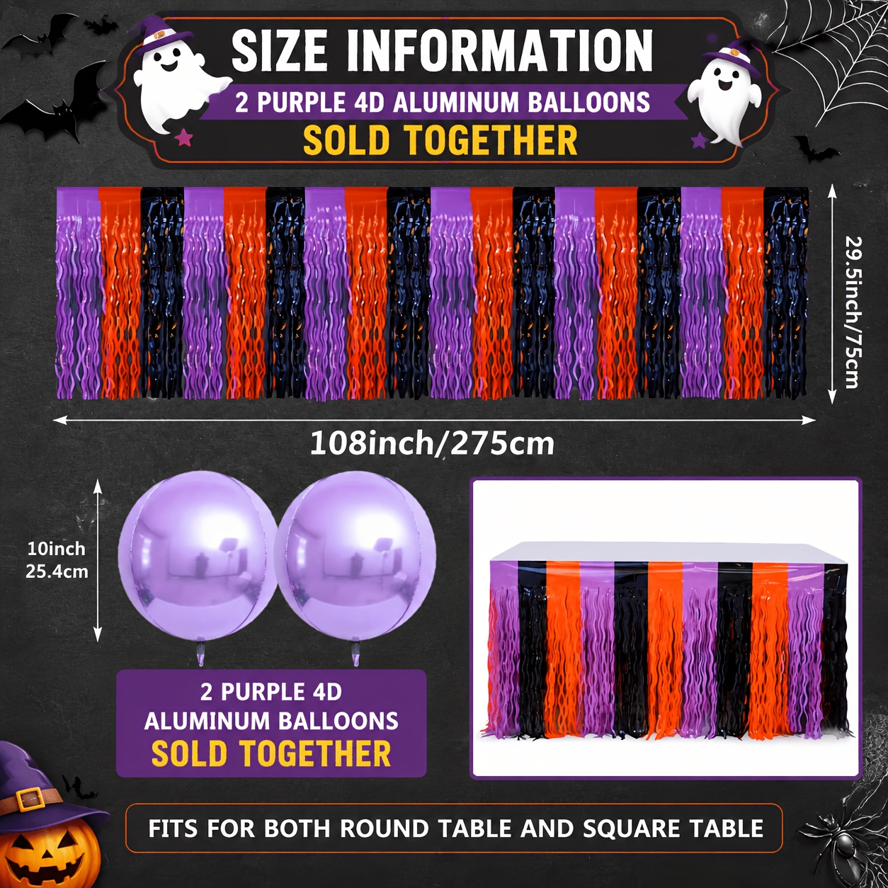 TEMU 3pcs For Halloween Decorative Table Skirt Streamers And 2pcs Purple Foil Balloons In (black/purple/orange). Wall Decorations For Halloween