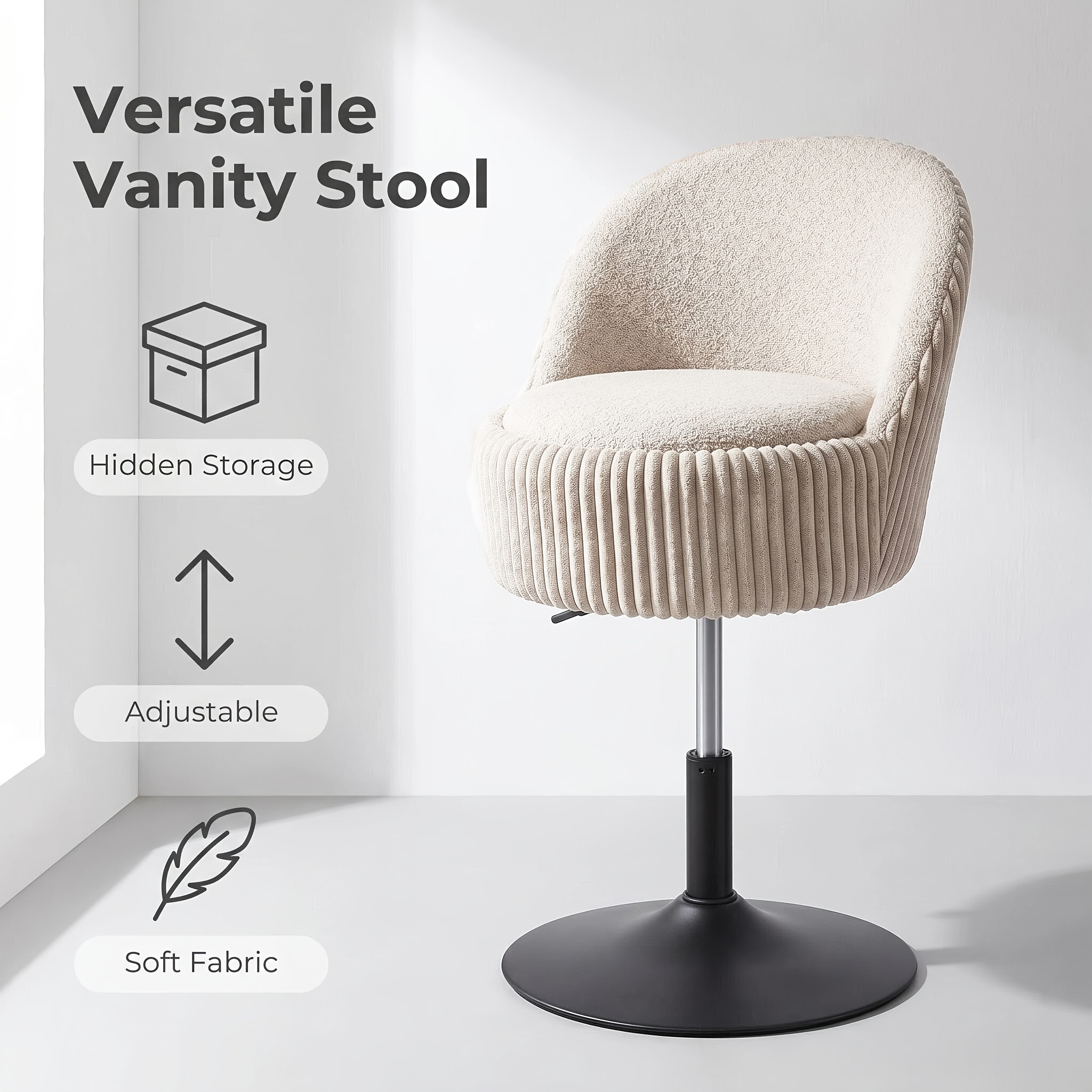 Corduroy Vanity Stool, 360° Comfortable Seating, Swivel Design With Backrest, Height Adjustable, Includes 11.8l Storage Space. Ideal For Bedroom Makeup And Shoe Changing. Swivel Chair.