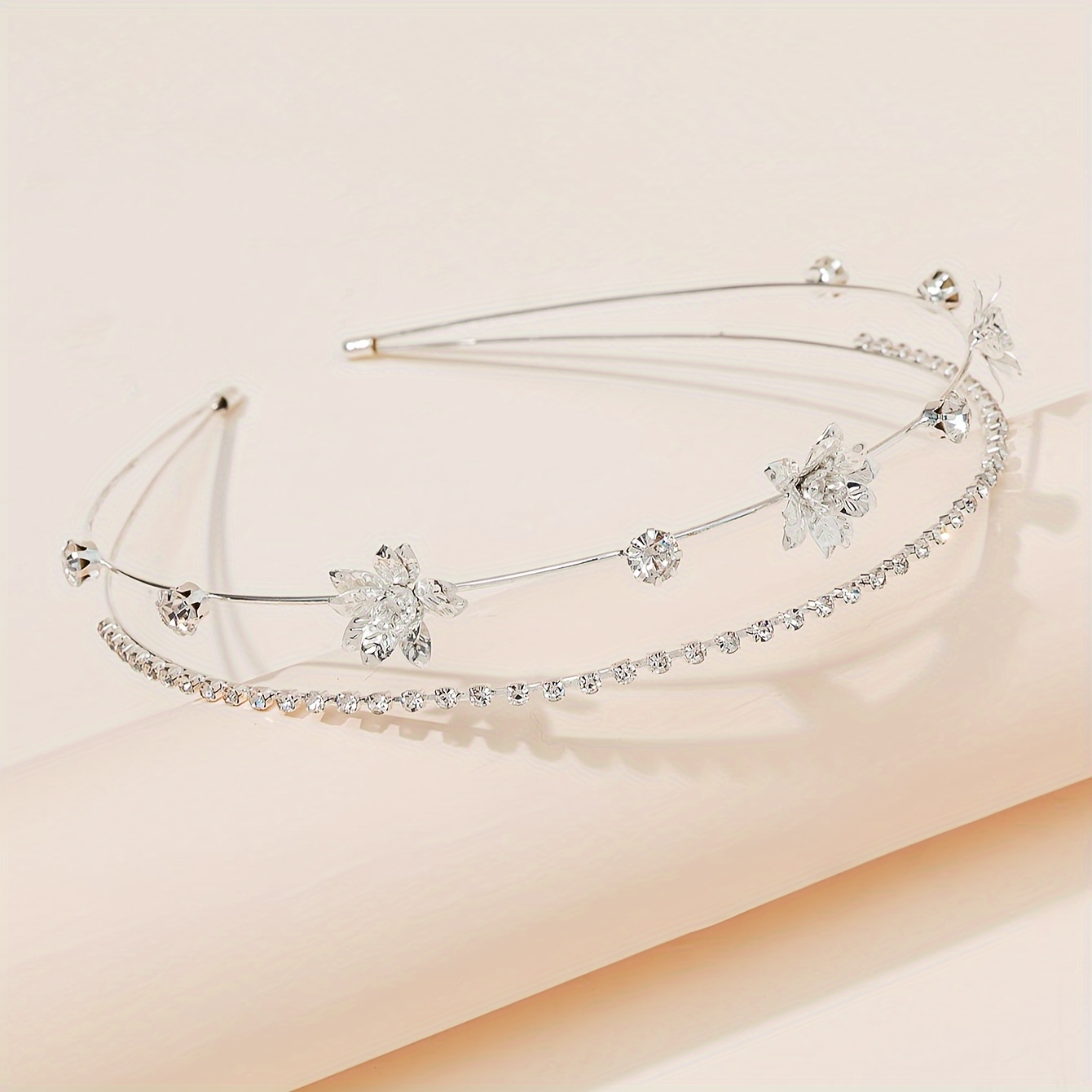 Image of 1pc Women's Metal Flower Inlaid Rhinestone Double Root Hair Additions Hair Hoop, Fashionable And Elegant Style