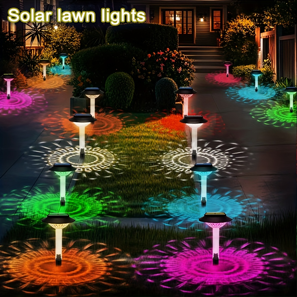 E-shop 4/2er-Pack Solar-Wegeleuchten, Outdoor Solar-Gartenleuchten, 7 RGB Farbwechsel, LED Solarleuchten AUSSEN, Automatisches Ein/Aus für Gartenweg,
