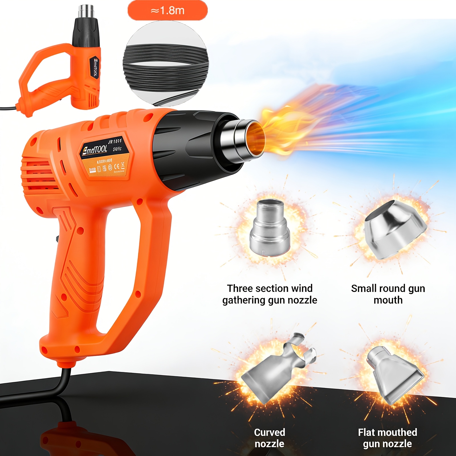 Image of 1600w Variable Temperature Heat Gun, 60 To Range With 4 Nozzles & , 1.5s Fast Heating & Protection For Professional Crafting & Repairs (orange)