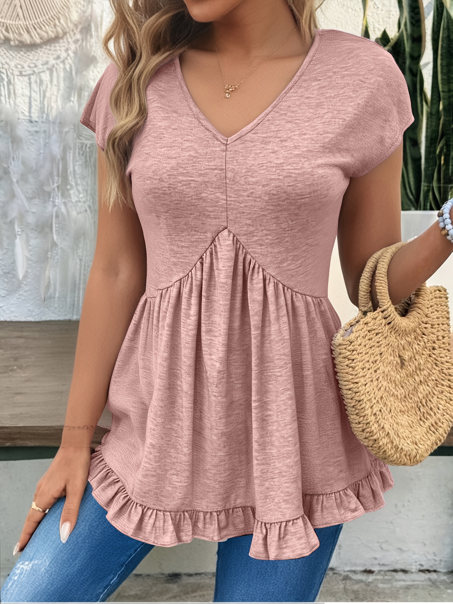 Women's Long Tunic Tops - Short Sleeve V-Neck Loose Fit Blouses For Summer, Casual Wear With Leggings
