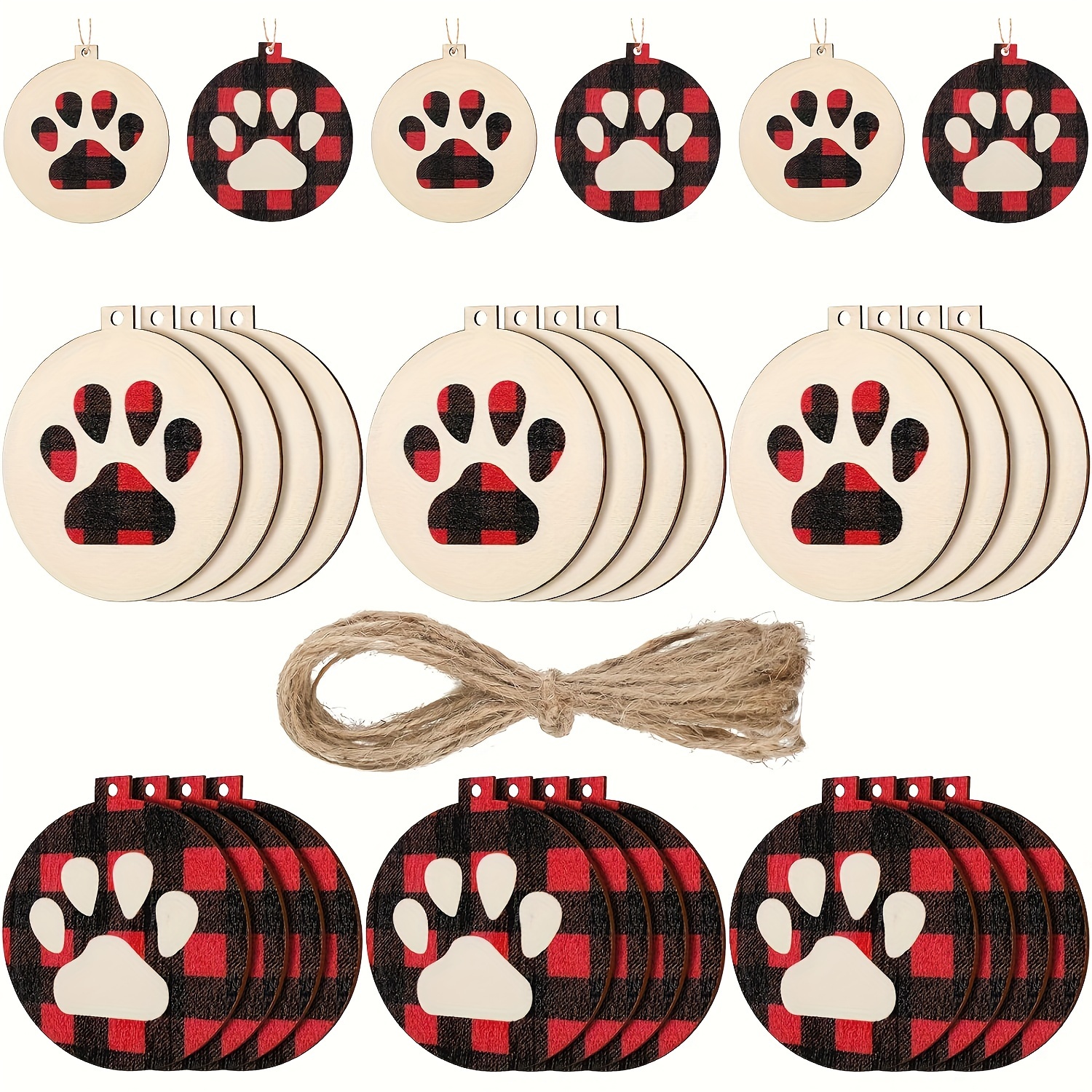 

30 Pcs Christmas Dog Paw Wooden Ornaments: Buffalo Plaid Paw Print Xmas Tree Hanging Tags With Ropes For Festive Holiday Tree Decor