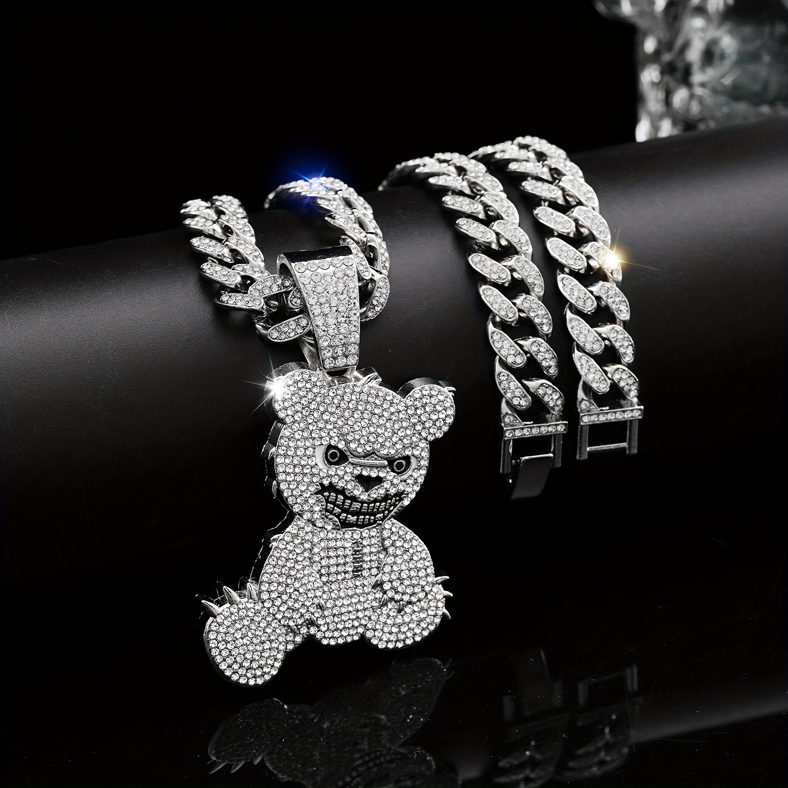 TEMU Hip Hop Cute Bear Rhinestone Decor Pendant Cuban Chain Necklace