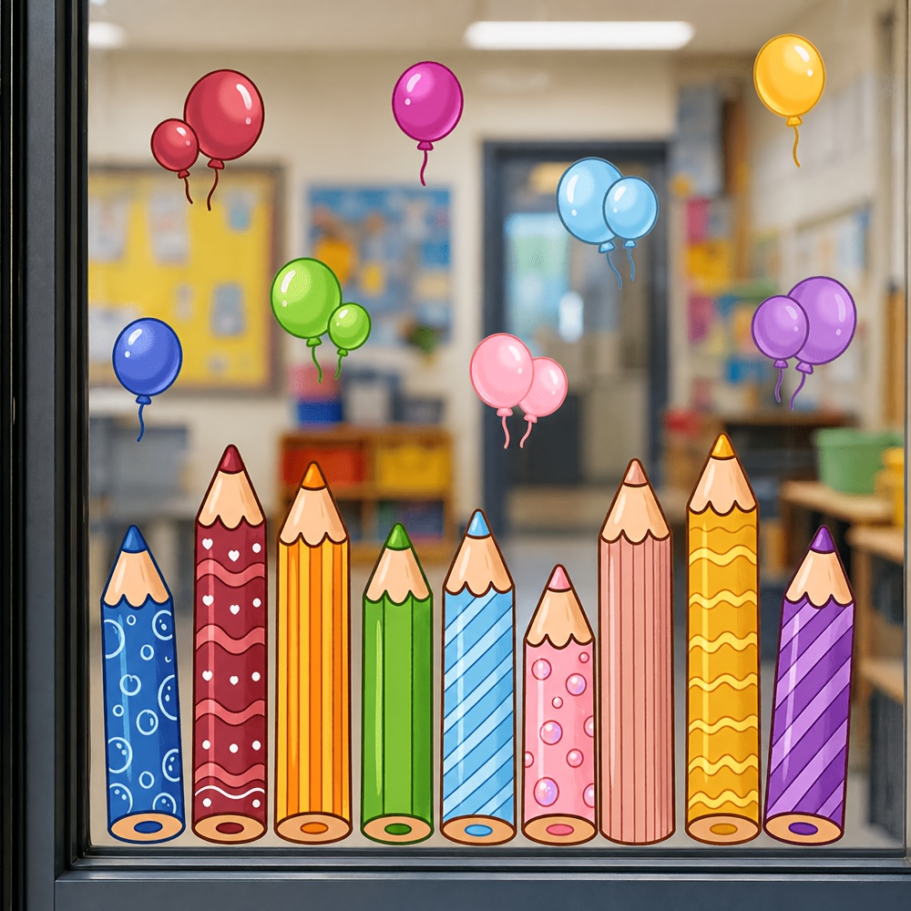 TEMU Adesivi per vetri a forma di palloncino con matita colorata macaron, decorazioni di per a scuola per l'asilo, adesivi per finestre autoadesivi e