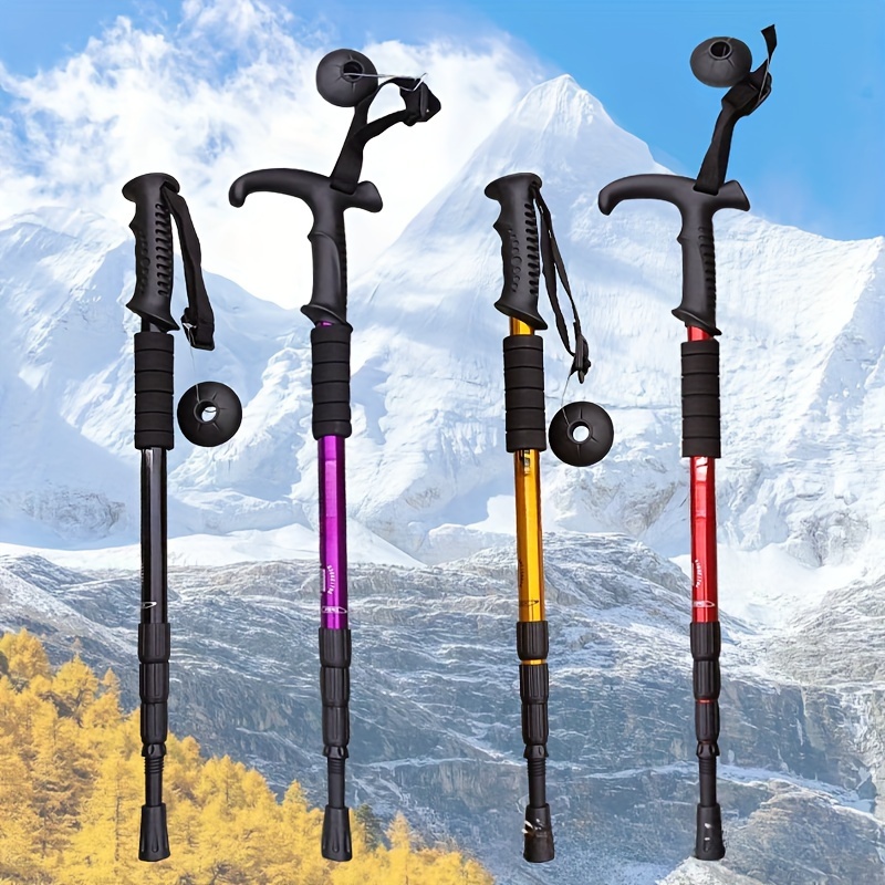 

1pc Telescopic Trekking Pole, Aluminum Alloy Convenient Telescopic Pole, Shock Absorption Four-section Curved Handle For Outdoor Climbing Hiking