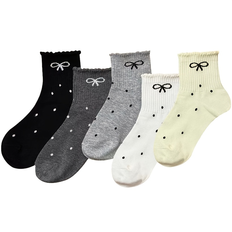 TEMU 5 Pairs Girls Socks Cute Bow Polka Dots Pattern Comfortable Breathable Kids Baby Socks, Fall And Winter Clothes