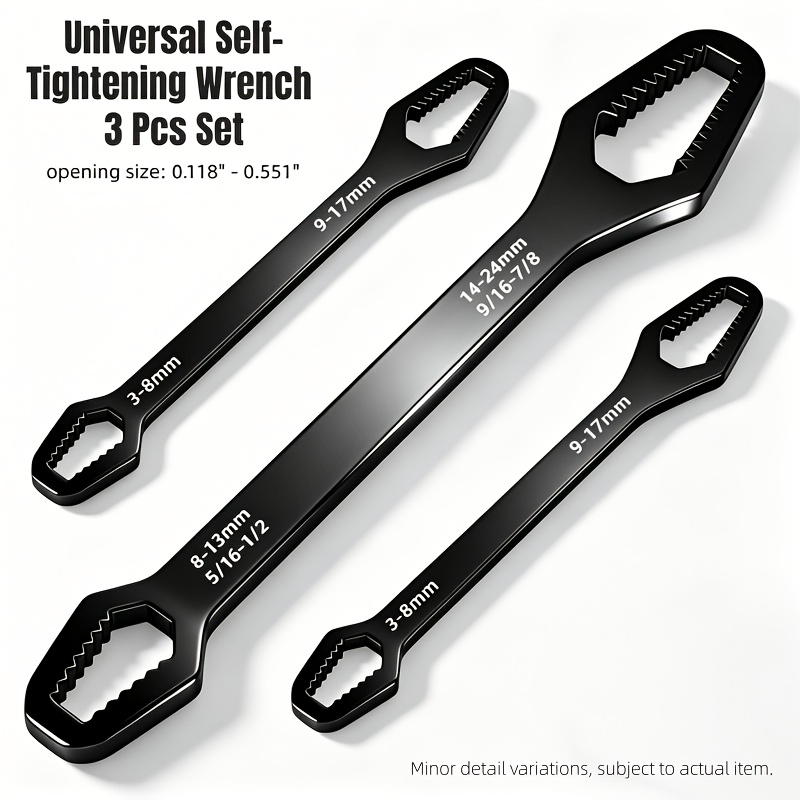 TEMU 3pcs Set - Universal Self-tightening Wrench Set, Multifunctional Black Wrench, Adjustable Self-tightening Double , Compatible With 3-17mm And