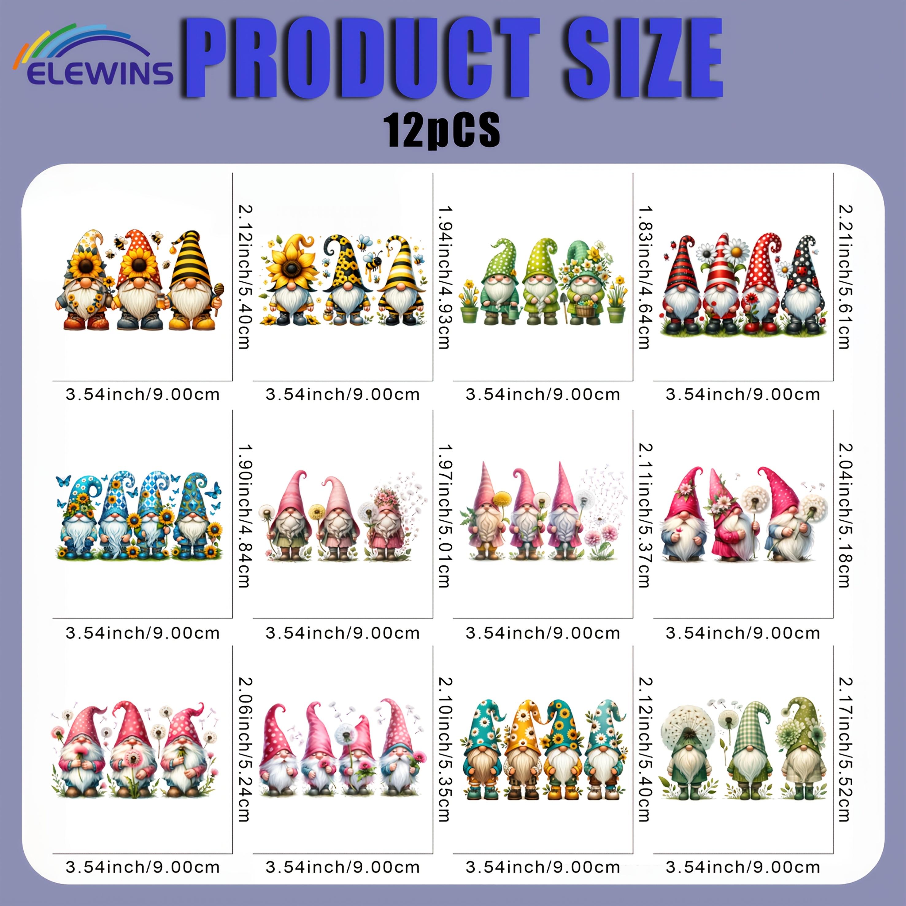 Image of 12pcs Diy Dandelion Gnome Iron-on Patches - Heat Transfer Vinyl Stickers Suitable For Fabric, Gnome Designs With Dandelion /, Washable Ironable-on Clothing, Hats, Bags, Costumes, Diy Crafts
