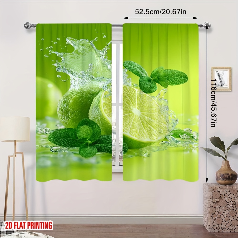 TEMU 2d Flat, 2pcs, 2d Flat Print, Refreshing Lime Splash, Home Decor > Window Treatments > Curtains & Drapes > Curtain Panels, Polyester, Ideal For