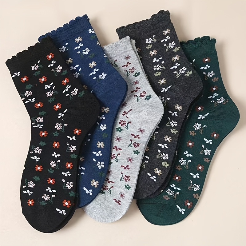Image of 5-pair Women's Mid-calf Socks, Mid-waist Jacquard Vintage Floral Small Flower Socks, Mother Socks, Old Lady Socks