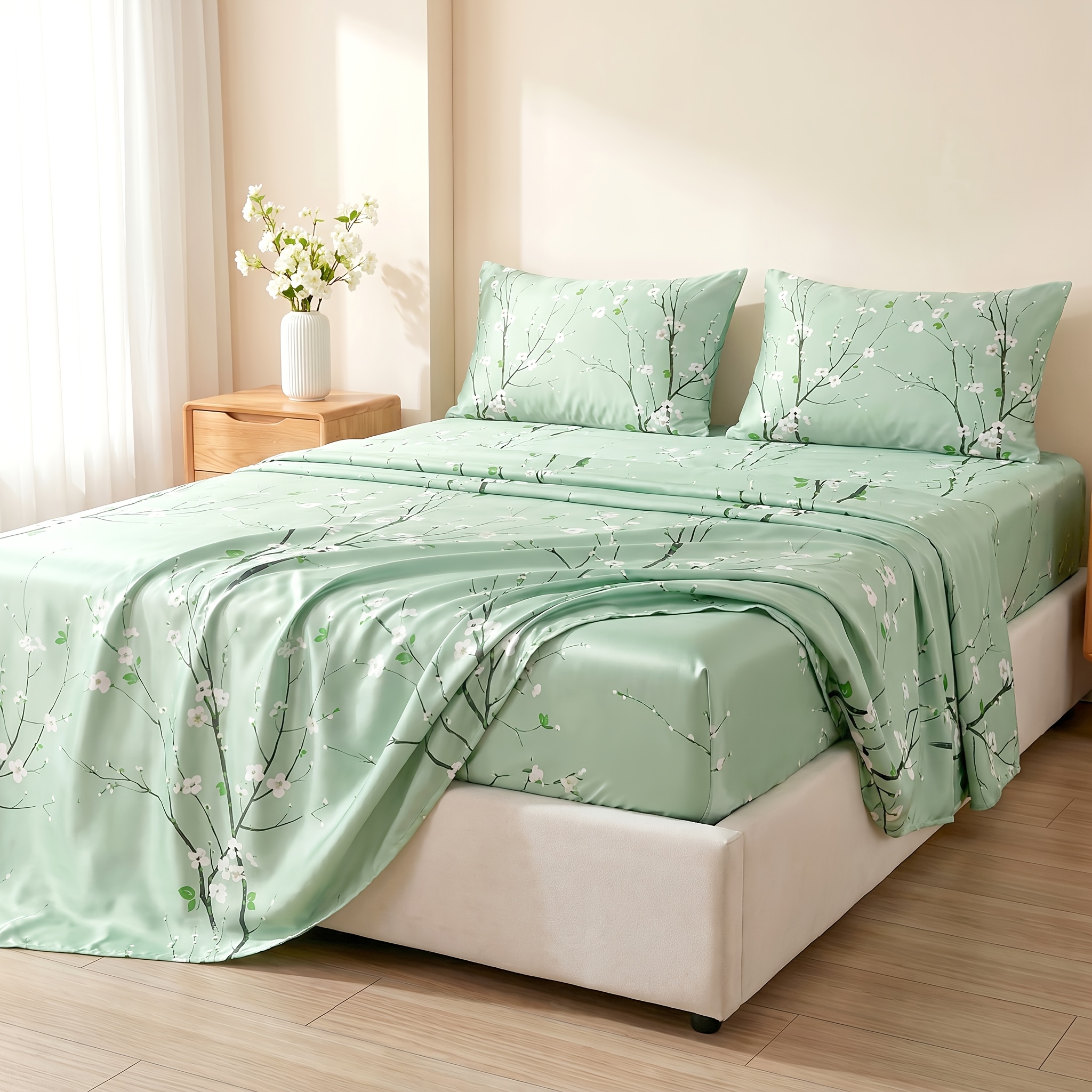 TEMU 4pcs Multicolor Floral Fitted Sheet Flat Sheet Pillowcase Four-piece Set (1 Fitted Sheet + 1 Flat Sheet + 2 Pillowcases, Pillow Inserts Not