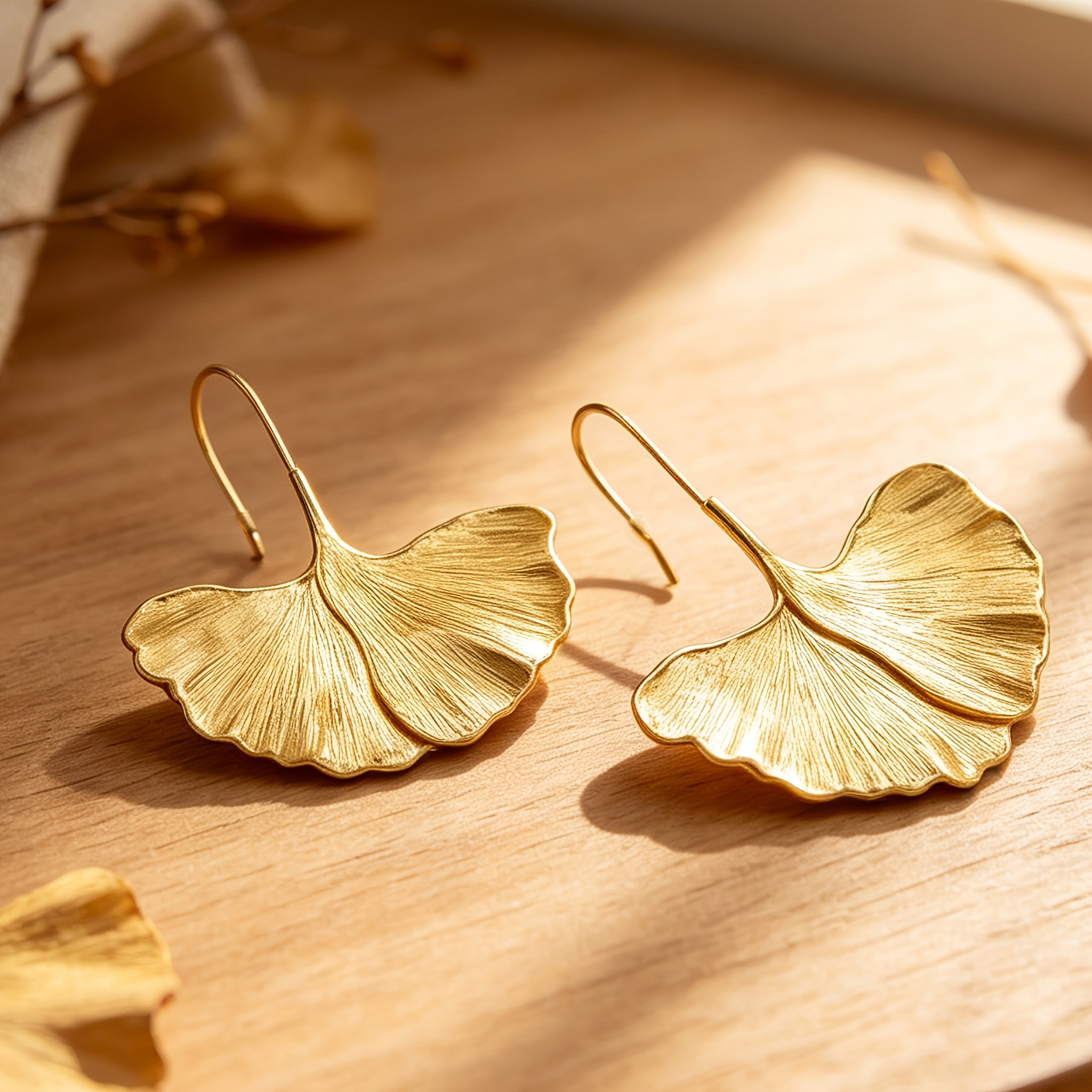 Women's Retro Ginkgo Leaf Shaped Long Earrings with 3D Texture