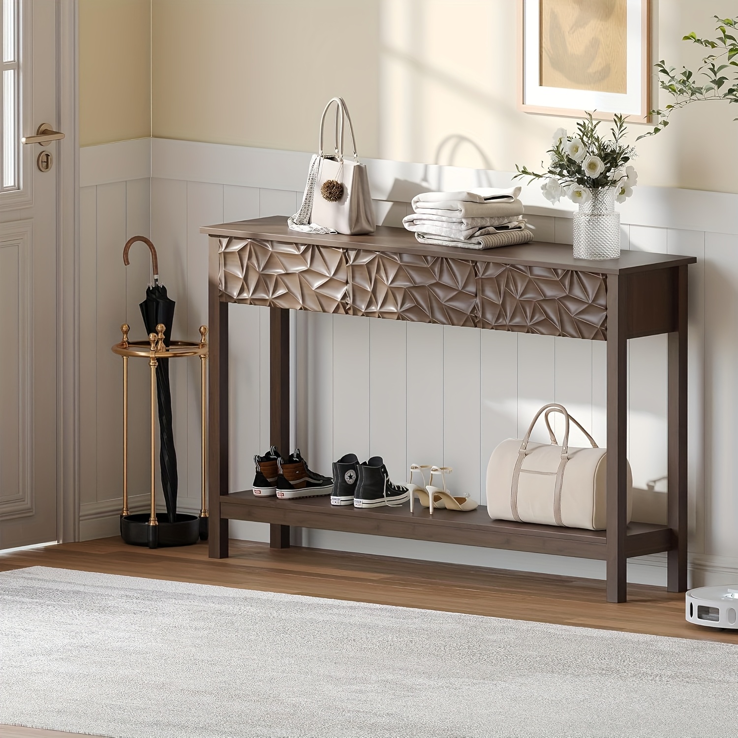 Kinder King 51 Inch Modern Console Table Farmhouse Entryway Table with 3 Drawers Narrow Wood Entry Way Table with Open Storage Shelf Long Sofa Table Behind Couch for Hallway, Foyer, Living Room, Walnut