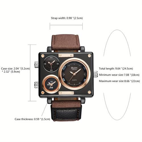 mens large square dial watch multi time zone leather strap quartz wristwatch