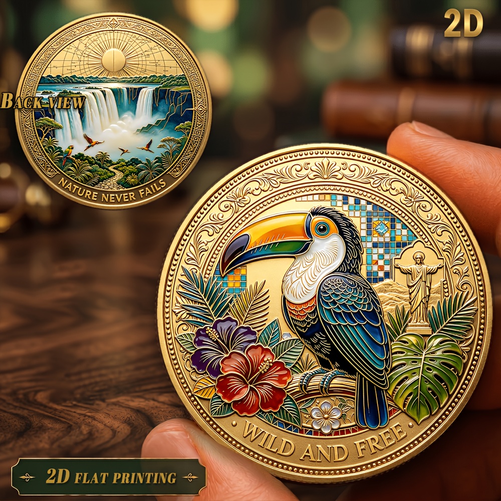 TEMU 1pc, 2d Free And Nature Pattern Exquisite Collectible Coin, A Coin Showcasing The Vitality Of Tropical Rainforests, Exotic Landmarks