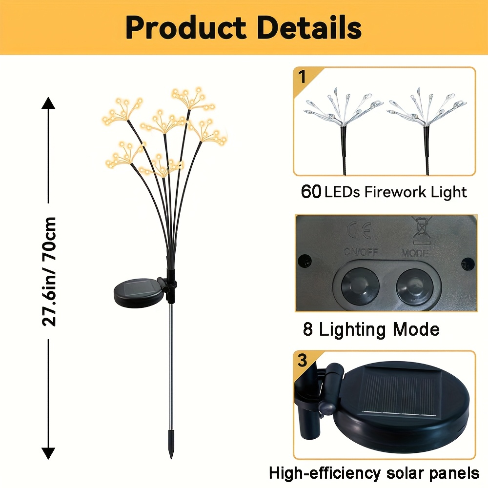 solar firework light solar garden lights with 8 lighting   ip65 waterproof lighted holiday displays christmas halloween garden decor for lawn patio   party camping decoration solar garden ornaments christmas light   christmas decorations solar light with panel garden solar light halloween   garden decor solar light garden pathway lighting patio accent lighting firework solar light holiday solar display Product details 2