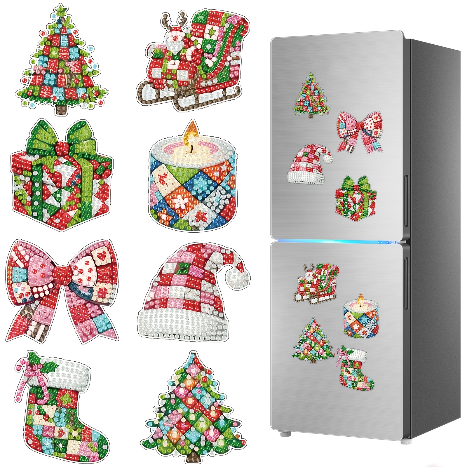 TEMU 8pcs Set, 5d Magnetic Ornaments With Christmas Gift Patterns, Diy Diamond Painting Refrigerator Magnets With Santa Claus Patterns,