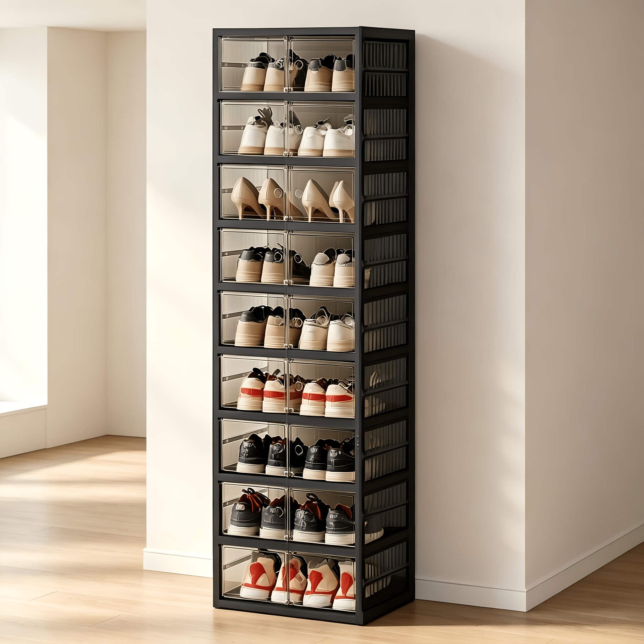 TEMU 1pc 6/9 Layers Black Plastic Foldable Home Display Storage Cabinet With Wheels And , Big Capacity Collapsible Shoe Rack Organizer, For Entrance,