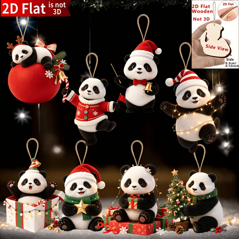TEMU Plat 2D, 8 pièces d'ornements de Noël panda plat 2D, décorations à motif imprimé d' de fêtes , un choix pour les décorations et cadeaux de Noël