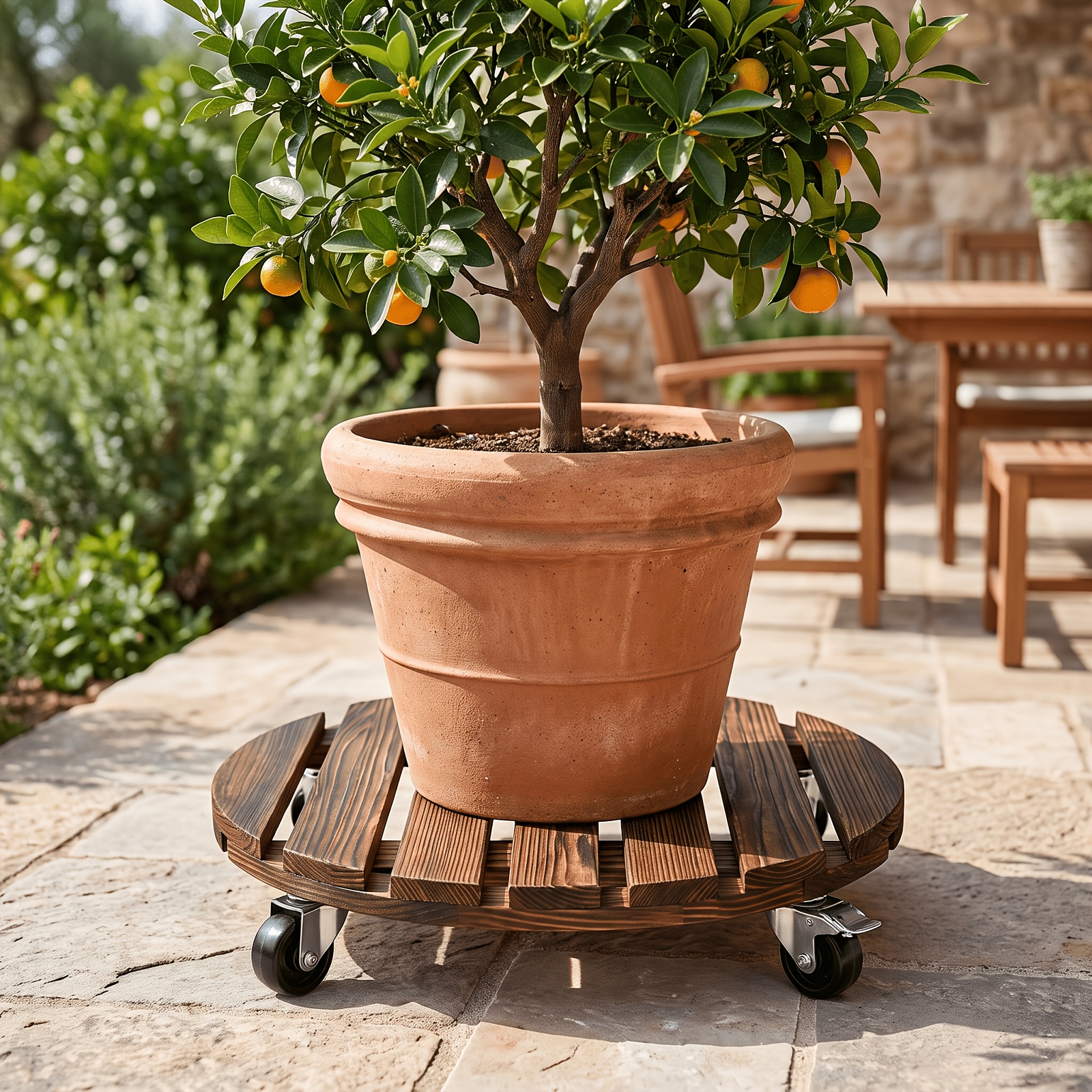 Round Carbonized Wood Pulley Base, 40cm Load-bearing Stand, Indoor Outdoor Plant Pot Roller Tray
