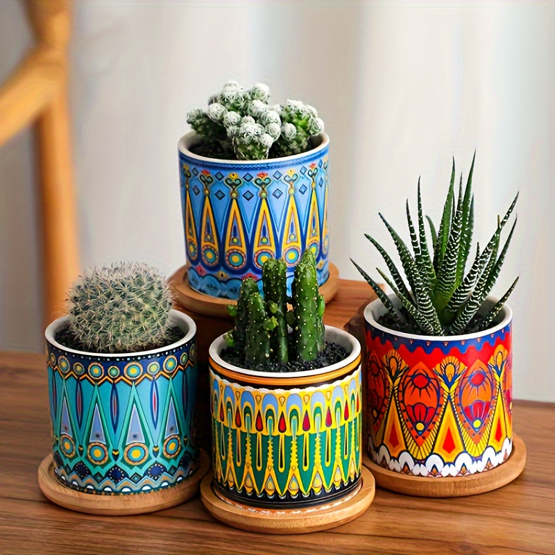 

4pcs/ Set, Modern Nordic Style Cylinder Mandala Ceramic Plant Pots With Wooden Base, 2.95-inch Diameter, 3.54-inch Height, Colorful Planter Set For Indoor Plants