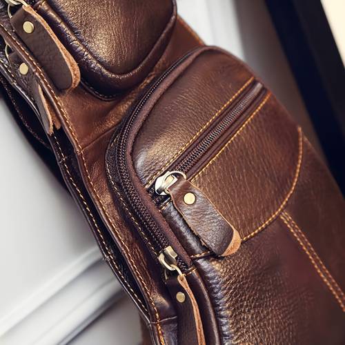 vintage genuine leather sling bag for men women adjustable crossbody shoulder pack with multiple zippered pockets travel outdoor activities and daily brown versatile shoulder bag stylish chest pack textured finish