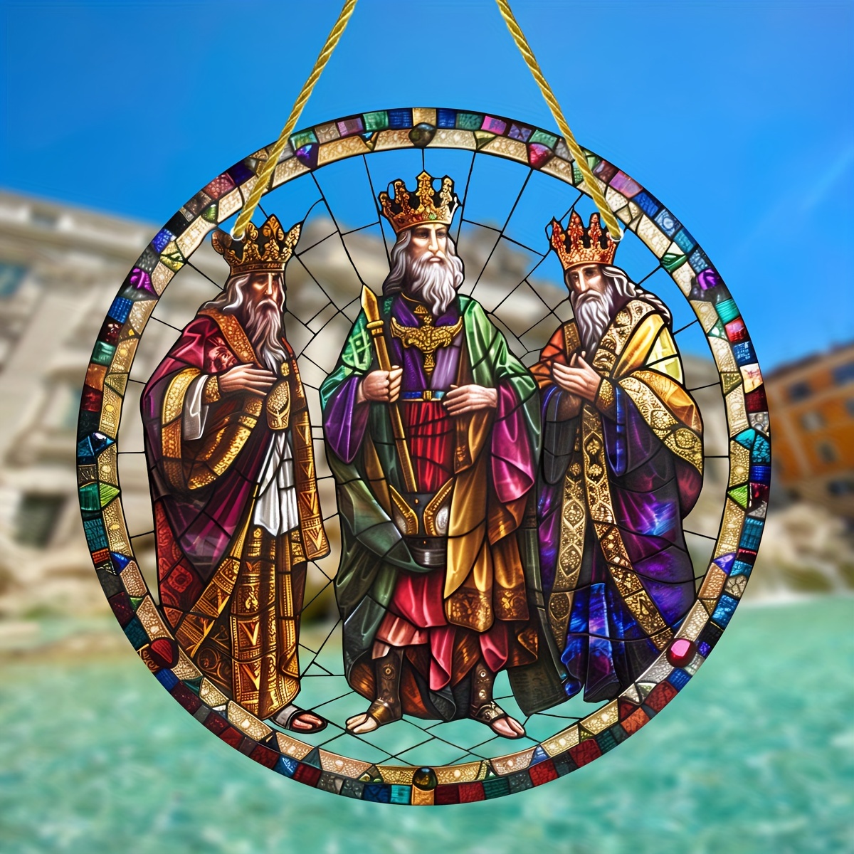 

3 Wise Men Stained Glass Suncatcher, 8" Round Acrylic Hanging Panel, Multi-seasonal Door & Window Decor, Ideal For Home, Garden, Office, Birthday Gift, With Nylon Rope & Rubber Sleeve Protection