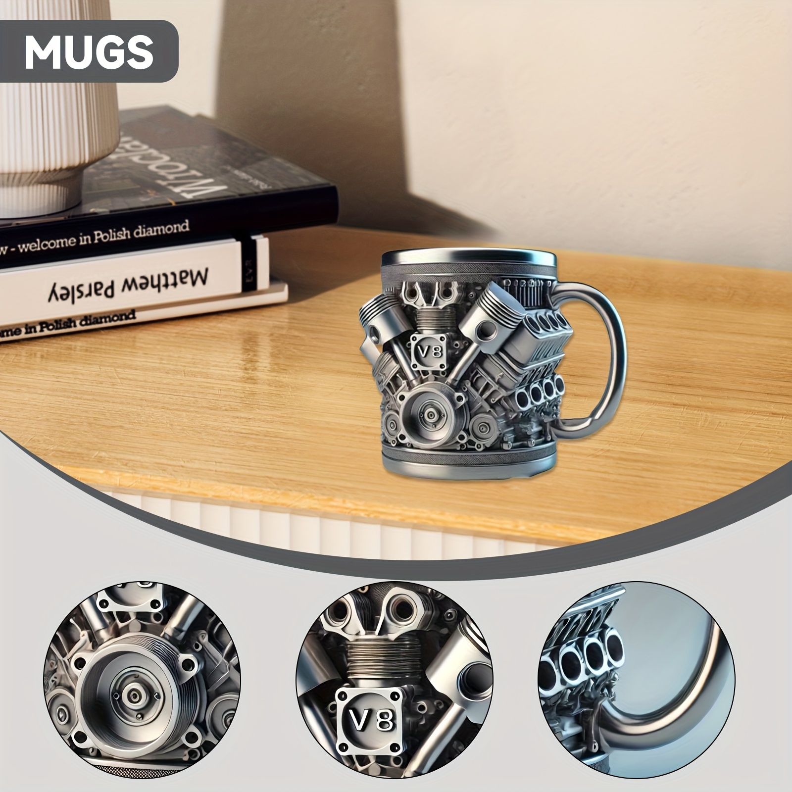 15oz stainless steel engine design coffee mug v8 v6 engine compartment durable stylish   car enthusiasts hand wash only reusable metal cup for hot or cold beverages Product details 1