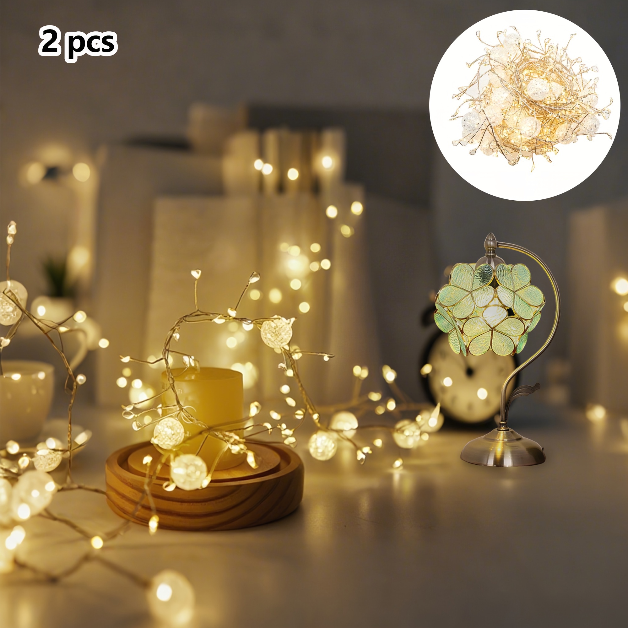 Image of 2pcs Extra Long 60led Crackle Ball Copper Wire Decorative Lights, Ramadan Decorative Lights, Suitable For Indoor Office Decoration, Room, Party, Valentine's Day, Ramadan, Eid Al-fitr, Wedding, Gifts