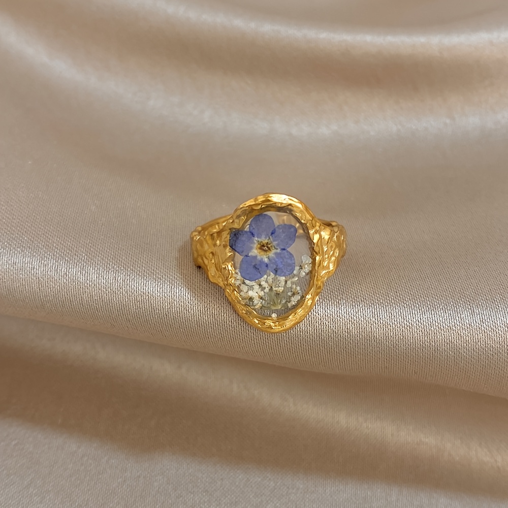 TEMU Bague Imprimée Vintage Dorée 18K en Résine et Acier Inoxydable, Bague Empilable, Bijou Surprise Cadeau pour Elle, pour /Fêtes Anniversaires,