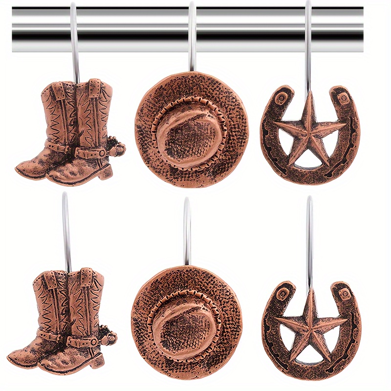 

Set Of 12 Western Cowboy Shower Curtain Hooks In Antique Bronze And Silvery With Cowboy Boots, Hat, And Star Decorations