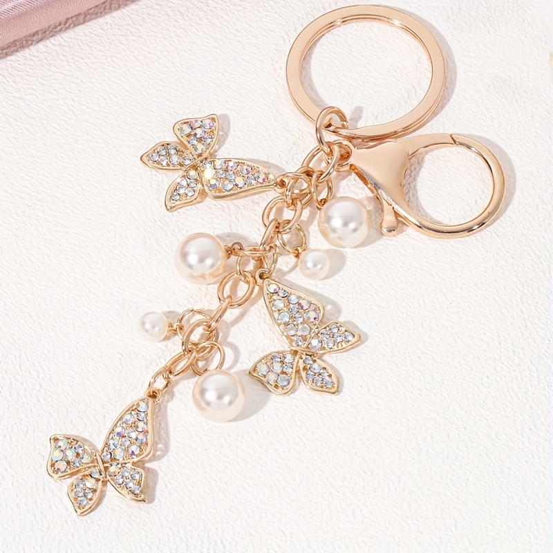 

1pc Butterfly Keychain Elegant Rhinestone Faux Pearl Alloy Key Chain Ring Bag Backpack Charm Women Daily Uses Gift